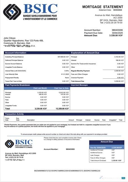 Download Mali BSIC Mali mortgage statement Word and PDF template Photoshop template